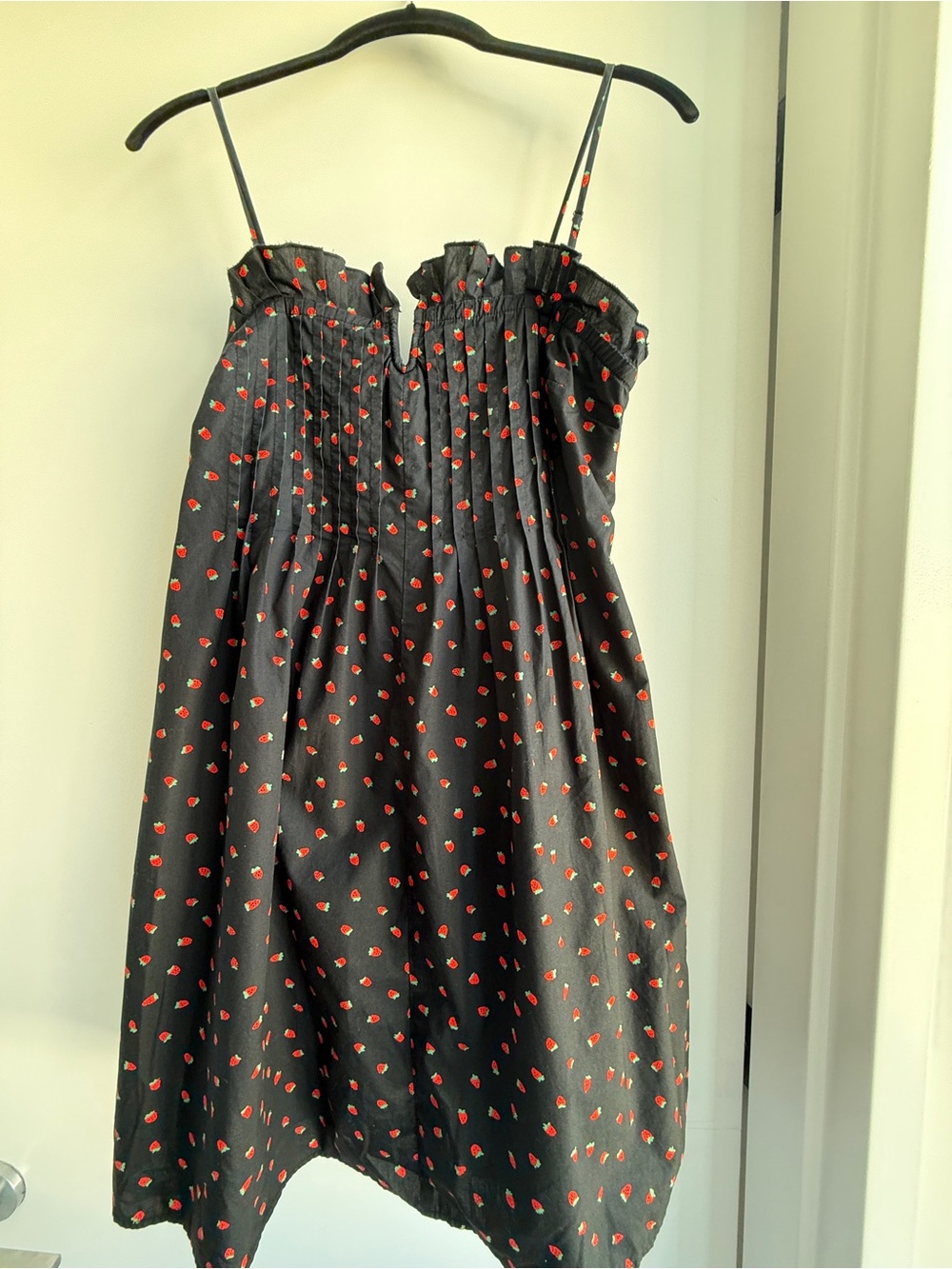 Strawberry Girl Summer!! Black Cotton Mini Sundress with Red Strawberry Print